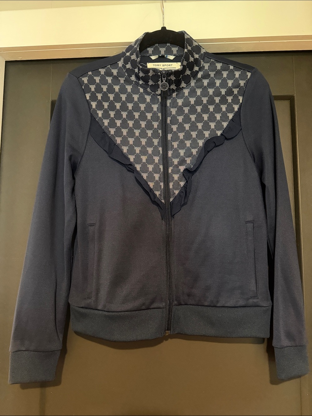 Tory Sport Navy Patterned-Yoke Bomber Jacket